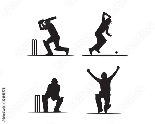 square-cut shot, bowler follow-through, wicketkeeper glove catch stance, and running celebration Set 