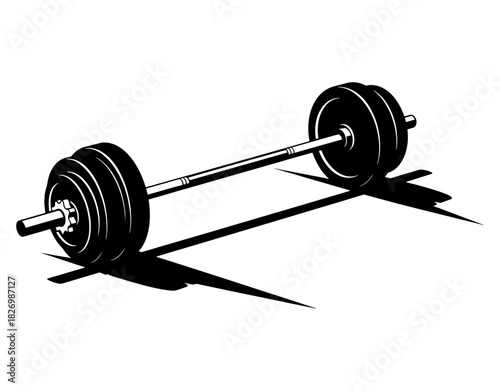Heavy barbell with weight plates on floor hand drawn vector illustration. Black and white gym fitness equipment sketch with shadow isolated on white background.