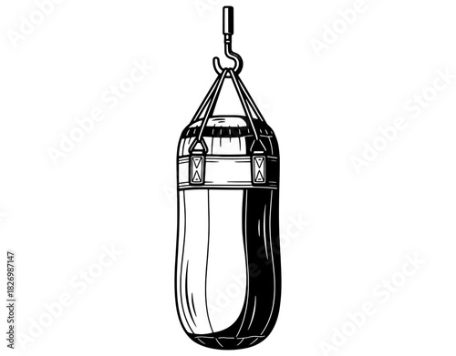 Hanging punching bag for boxing workout hand drawn vector illustration. Black and white gym training equipment sketch isolated on white background.