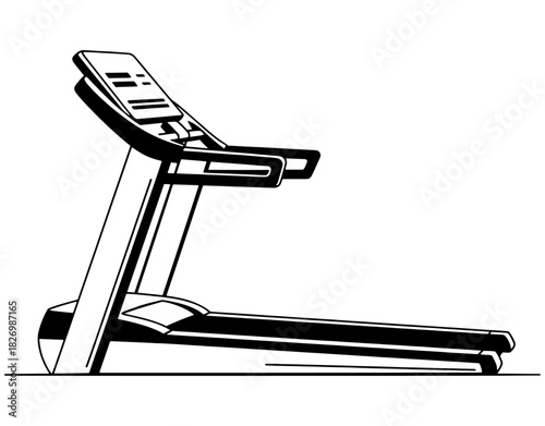 Electric treadmill running machine for gym cardio workout hand drawn vector illustration. Black and white fitness equipment sketch isolated on white background.