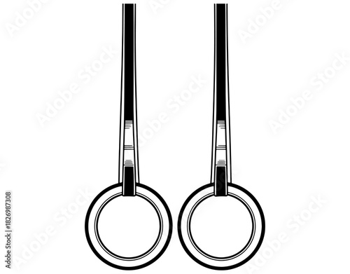 Gymnastic rings with straps for suspension training hand drawn vector illustration. Black and white fitness equipment sketch isolated on white background.