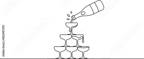 Stylized line art of a champagne bottle filling an elegant cascade of stacked coupe glasses, perfect for conveying celebration, luxury, and special event concepts