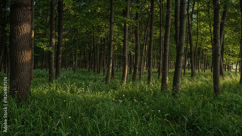 Fototapeta premium A forest scene with tall trees and lush green foliage, showcasing a peaceful natural environment.