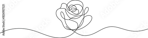 Minimalist Continuous Line Art Drawing of a Rose with Flowing Curves, Symbolizing Love and Beauty in a Simple, Elegant Style