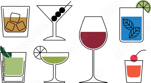 Collection of various alcoholic and non-alcoholic beverages in different glassware, perfect for menu design and party invitations