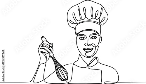 Professional smiling chef in a toque holding a whisk, illustrated in a continuous single line art style for a modern culinary concept