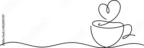Minimalist continuous line art graphic illustration of a coffee cup with elegant heart-shaped steam, symbolizing warmth, love, and the simple pleasure of a hot beverage