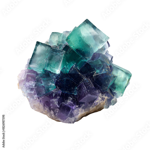 Beautiful cluster of natural fluorite mineral crystals with purple and green hues isolated on transparent background