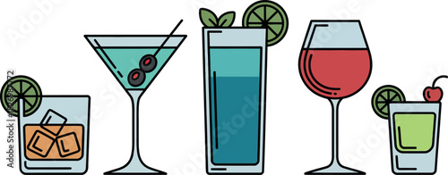 Various colorful cocktails and beverages illustration set in a simple flat style, isolated