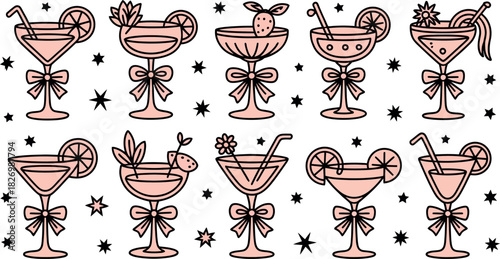 Collection of charming, retro-inspired cocktail glasses adorned with festive bows, perfect for celebrations and special occasions