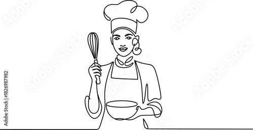 Chef in Uniform with a Whisk and Bowl - Minimalist Line Art for Culinary Themes