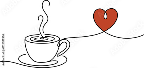 Artistic one-line sketch depicting a steaming cup of coffee linked to a loving heart, symbolizing warmth, care, and heartfelt connections, perfect for conveying comfort