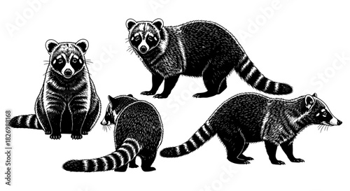 Detailed black and white raccoon illustrations in various poses
