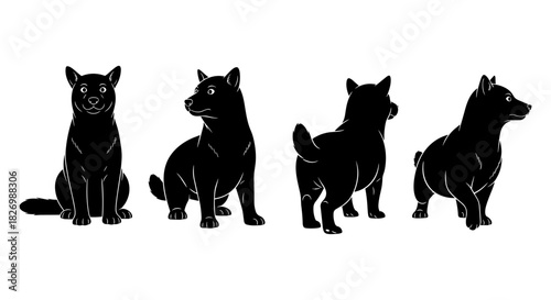 Shiba inu silhouette set in various poses on white background