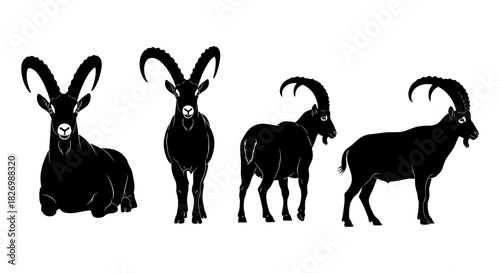 Silhouette goats in various poses on white background