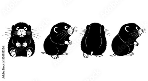 Cute hamster silhouettes: side and rear views in black and white