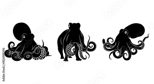Octopus trio silhouettes with intricate tentacle patterns and minimalist design