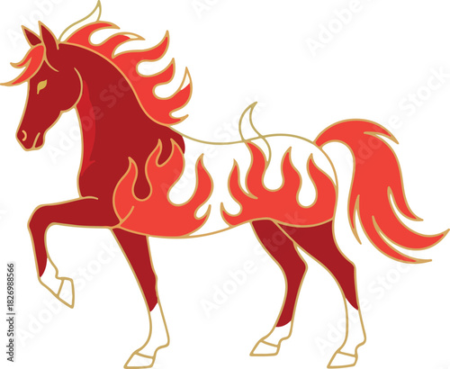 A red stylized horse with a fiery mane and tail outlined in gold is depicted on a white background