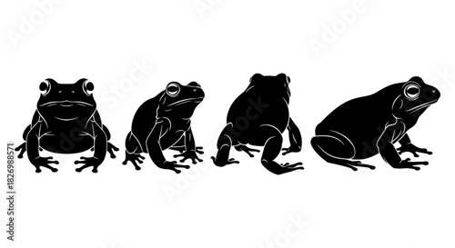 Silhouette frogs from multiple angles on white background