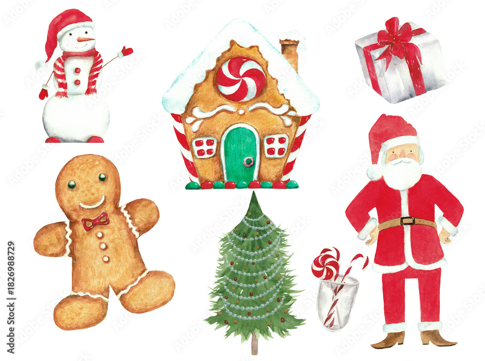 Fototapeta premium A festive Christmas clipart set featuring a gingerbread house, Santa Claus, gingerbread man, gifts, Christmas tree, candy canes, and holiday decorations. Perfect for cards, stickers, and designs.