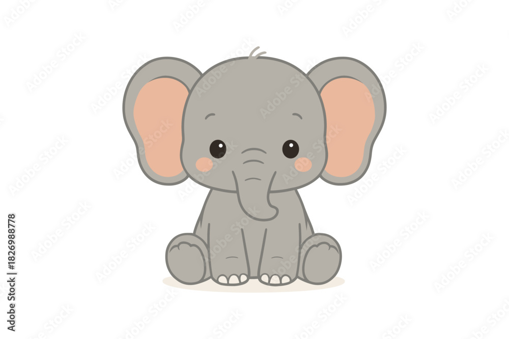 Obraz premium Cute cartoon elephant with big ears and blush in a sitting pose on white background