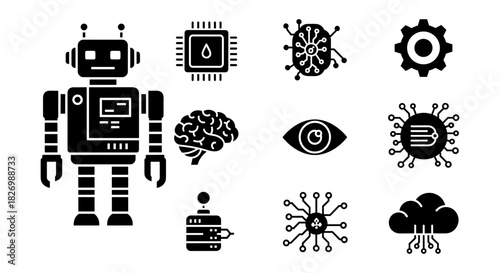 Futuristic robot and circuit icons in flat silhouette style