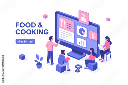 Interactive cooking platform with people using digital recipes in isometric design