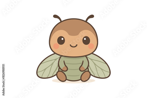 Cute cartoon baby bee sitting with smiling face and blush cheeks in adorable design