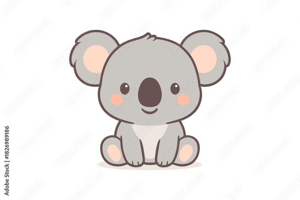 Fototapeta premium Cute cartoon koala bear sitting on white background in adorable kawaii style