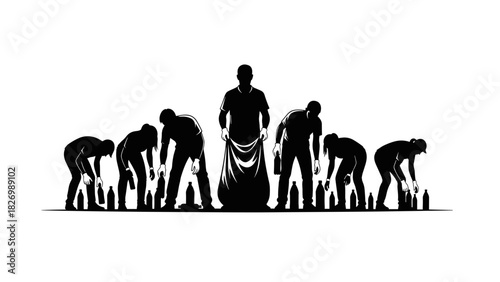 Group collecting plastic bottles on a transparent background
