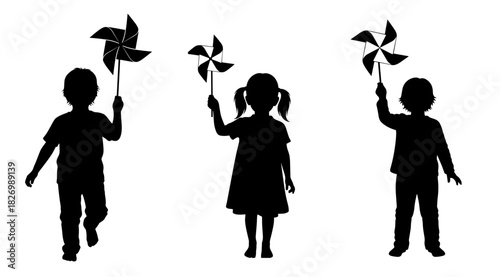 Children with paper pinwheels on a transparent background
