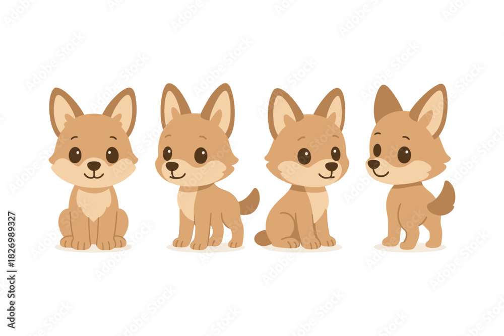 Fototapeta premium Cute cartoon puppy character set in various poses on white background