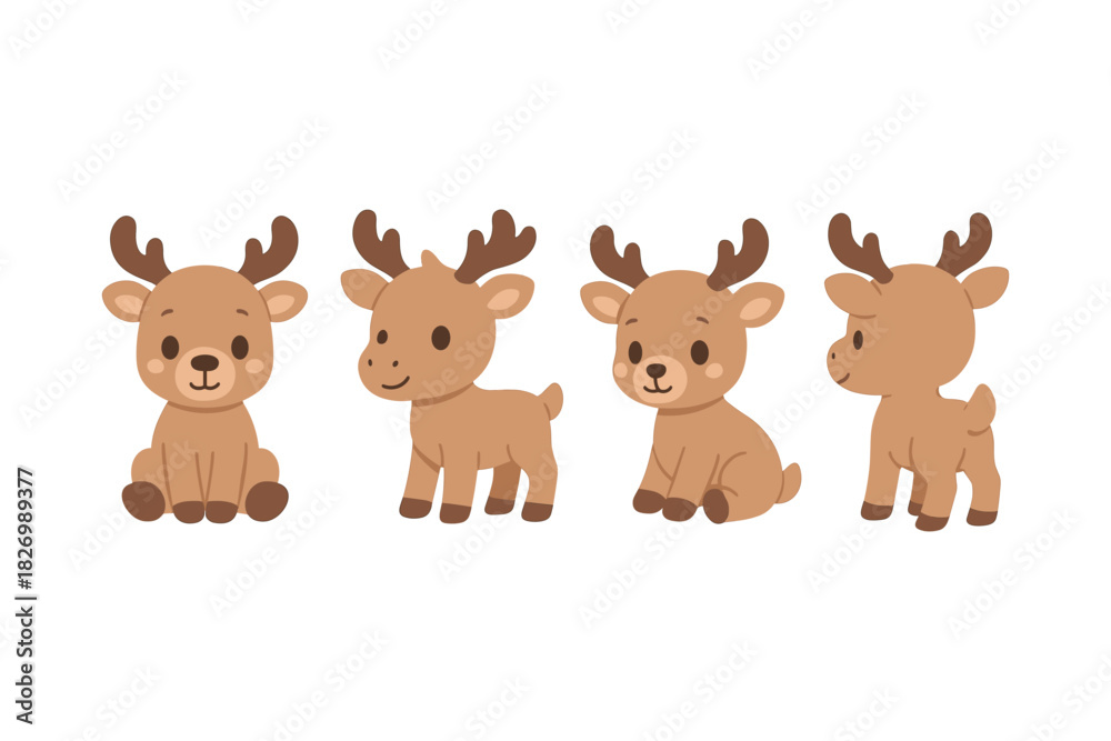 Fototapeta premium Cute cartoon reindeer characters in various poses on white background