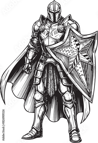 Detailed Illustration of a Medieval Knight in Full Armor with Shield Standing Courageously on a White Background