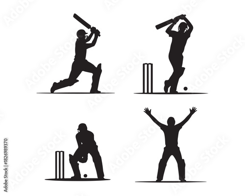 square-cut shot, bowler follow-through, wicketkeeper glove catch stance, and running celebration Set
