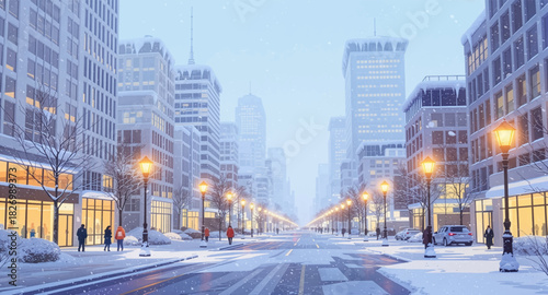 Snowy modern city glowing with warm street lights. Winter urban avenue lined with illuminated lamp. Frosty city street shining under soft winter light. Bright snowy downtown with glowing evening light