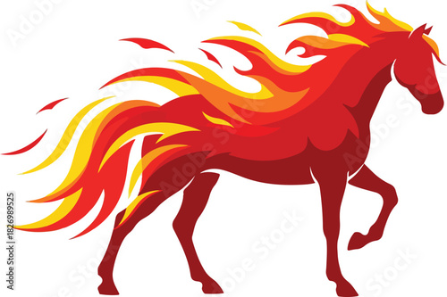 A red stylized horse with a mane and tail of stylized flames of red orange and yellow in a prancing pose