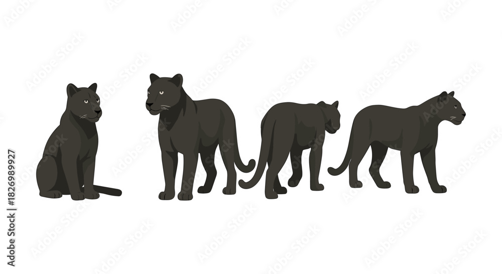 Naklejka premium Black panther poses in flat design: elegant big cat profiles on white background