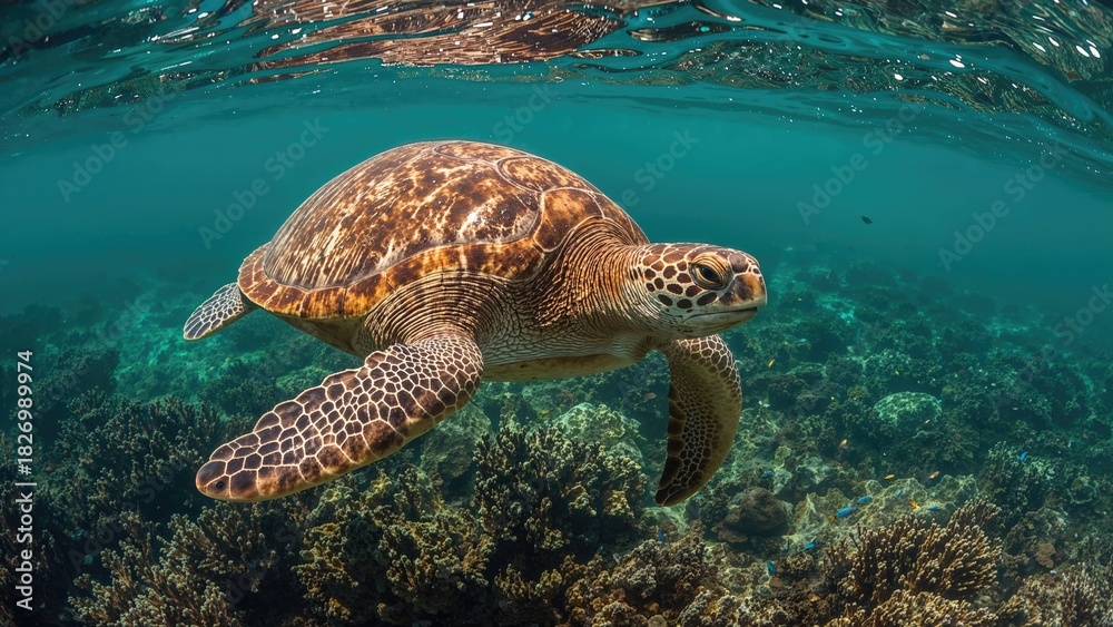 Fototapeta premium Sea turtle swimming underwater with coral reef below. Marine life and ocean ecosystem, natural habitat, underwater environment. Exploration and conservation of sea life.