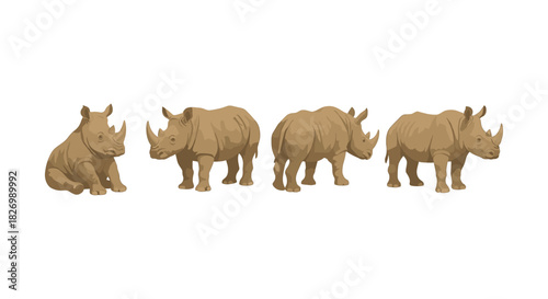Realistic rhinoceros set in natural poses for wildlife design