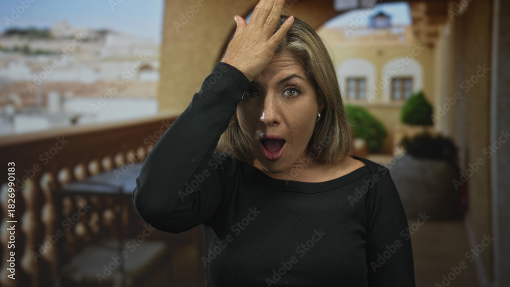 Obraz premium Woman raises hand to forehead on outdoor balcony of stone building with arched window and townscape; surprise.