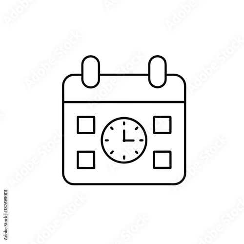Calendar with Clock Face Line Drawing in Black and White – Minimal Scheduling and Time Management Icon