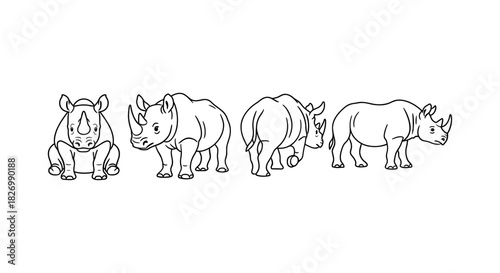 Cute rhino line art: cartoon black and white rhino poses