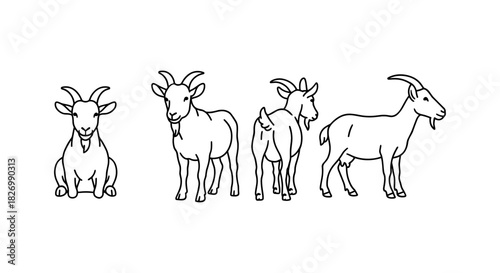 Set of goat silhouettes in various poses with simple lines for design projects