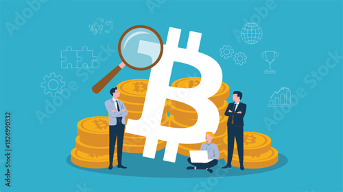 Bitcoin Cryptocurrency Investment and Analysis with People and Magnifying Glass finance