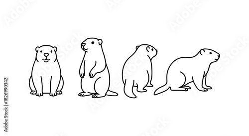 Groundhog silhouette set: various poses of curious marmots in side and front views