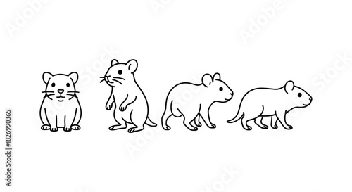 Cute mouse silhouette set in linear style - four adorable poses for animal art designs