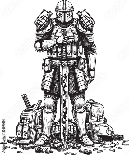 Futuristic Armored Knight with Sword and Tactical Gear Standing Guard in a Black and White Illustration