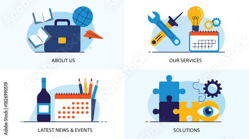 Business concepts with icons for about us our services latest news and solutions vector illustration