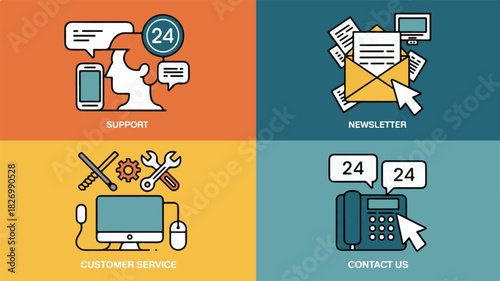 Business icons for support newsletter customer service and contact us vector illustration